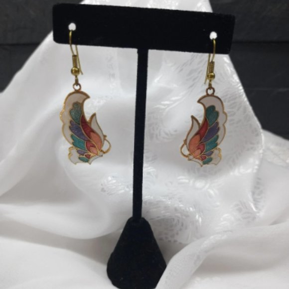 CLOISSONE BUTTERFLY WINGS EARRINGS FOR PIERCED EARS, DANGLE, BRIGHTLY COLOURED - Picture 6 of 6